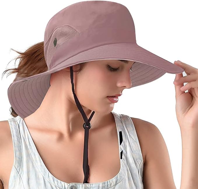 Rosoz Ponytail Sun Bucket Hats for Women UV Protection Foldable Mesh Wide Brim by Rosoz