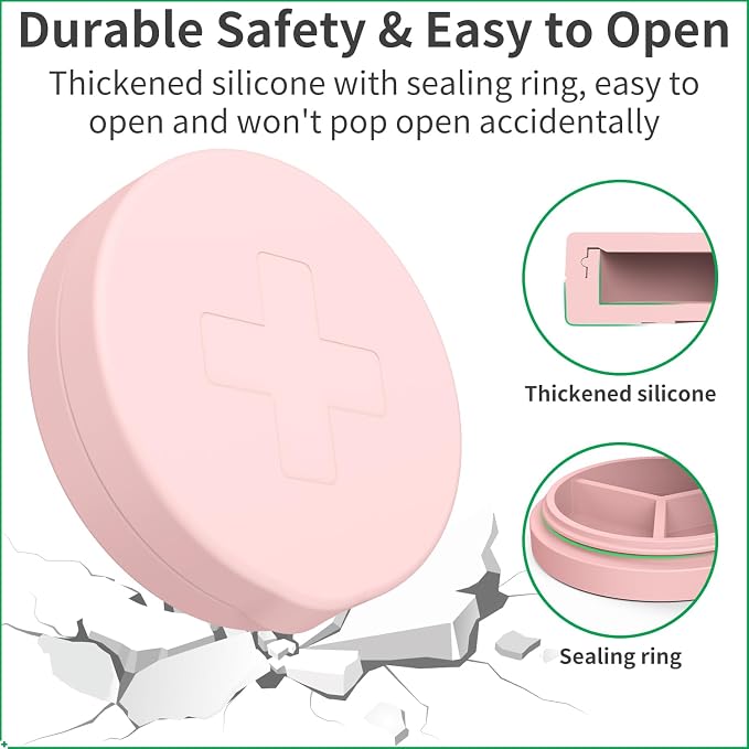 2 Pack Small Pill Box, 3 Compartment Round Silicone Travel Pill Box - Image 6