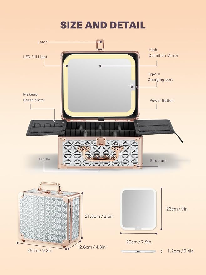 Qislee Makeup Box with A Detachable Lighted Mirror, Waterproof Travel Train Case - Image 3