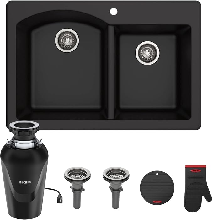 KRAUS Forteza™ 33” Dual Mount 60/40 Double Bowl Granite Kitchen Sink in Black by KRAUS