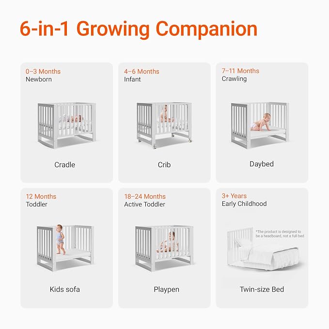 EvoNest Baby Crib, 6 in 1 Convertible Mini Crib - Image 5