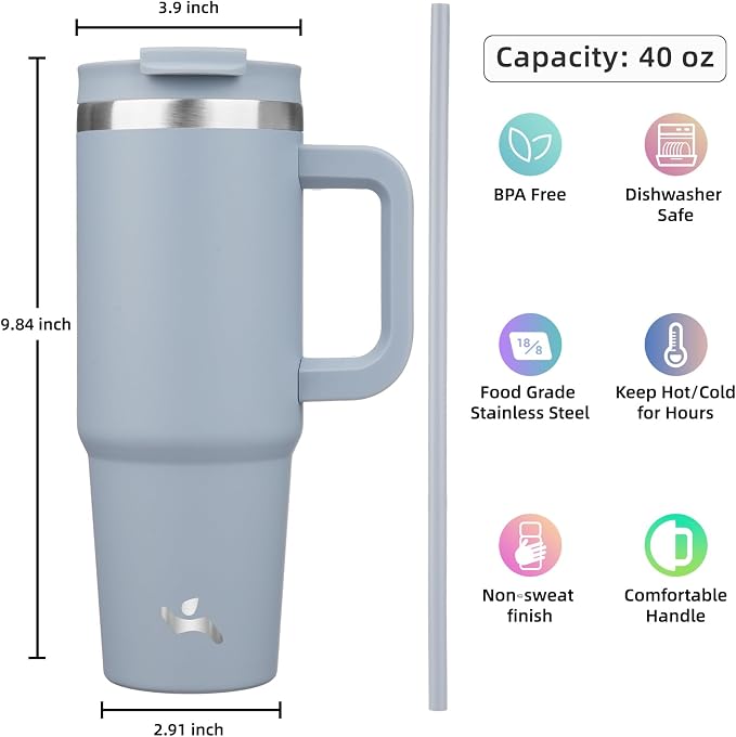 40 oz Tumbler with Handle and 2 Straws, 2 in 1 Lid Insulated Water Bottle - Image 4