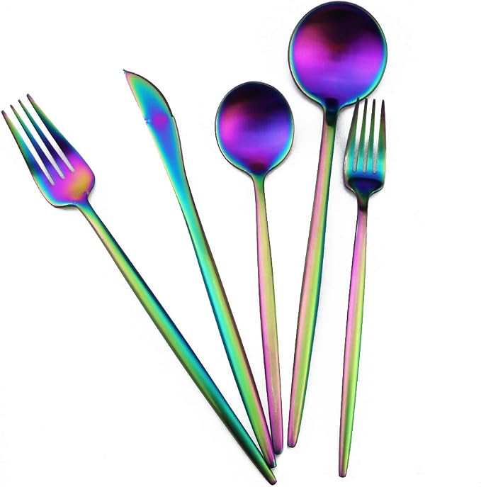 Matte Rainbow Silverware, Gugrida 5-Piece 18/10 Stainless Steel Flatware Set by Unknown