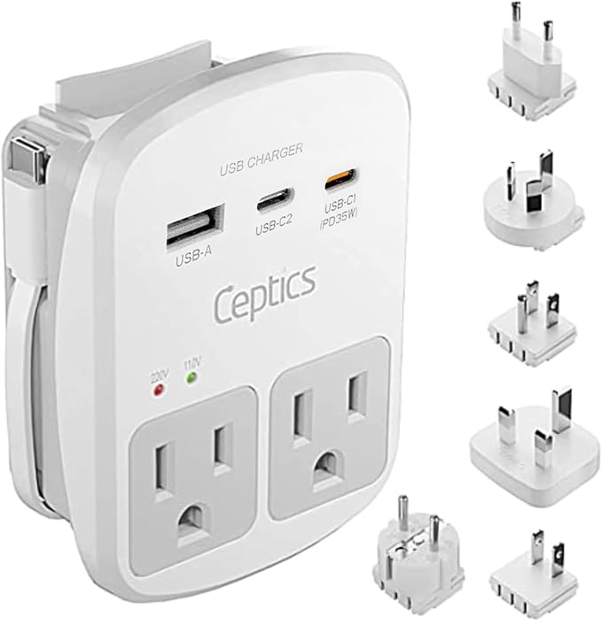 Ceptics Universal Travel Adapter Kit – 2 USA sockets, 1x PD 35W USB-C and USBC by Ceptics