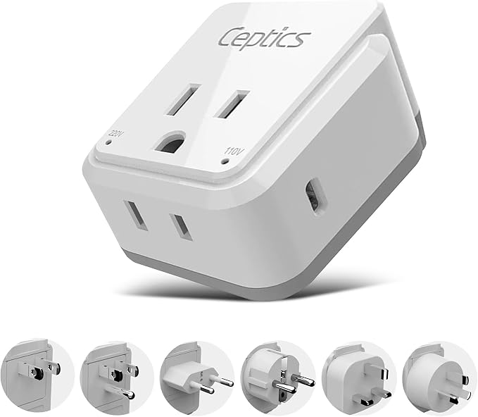 Ceptics World Travel Plug Adapter Set, Safe USB-C 3.0-2 USA Socket, 30W PD & QC by Ceptics