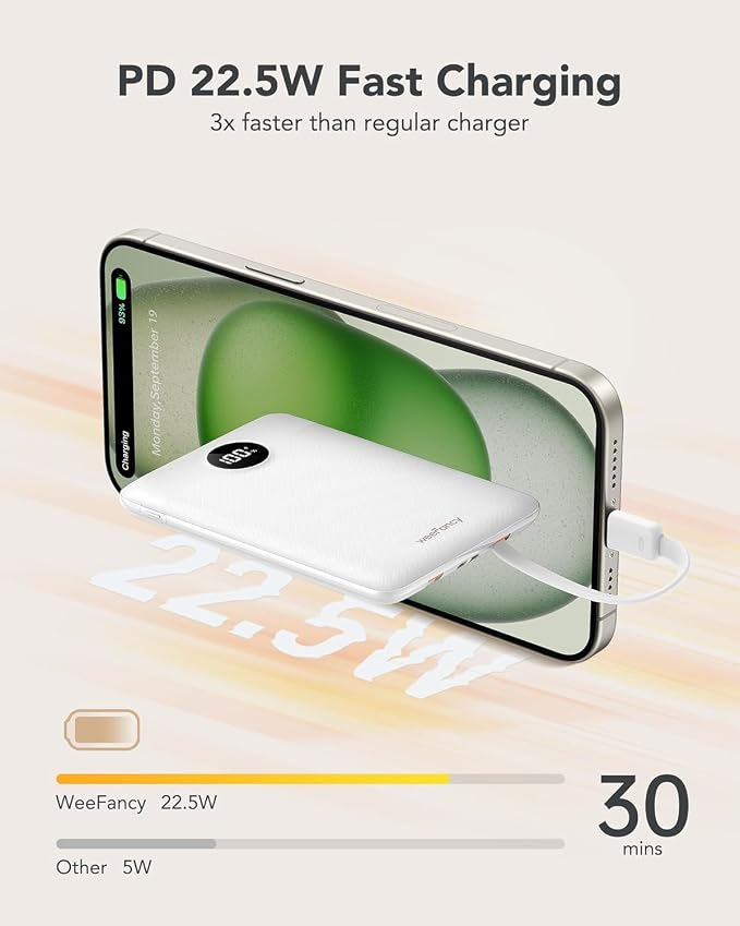 Mini Portable Charger with Built-in Cables 22.5W Fast Charging Power Bank USB-C - Image 3