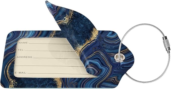 2PC Dark Blue Marble Luggage Tags Leather Suitcase Tag Privacy Name ID Card - Image 2