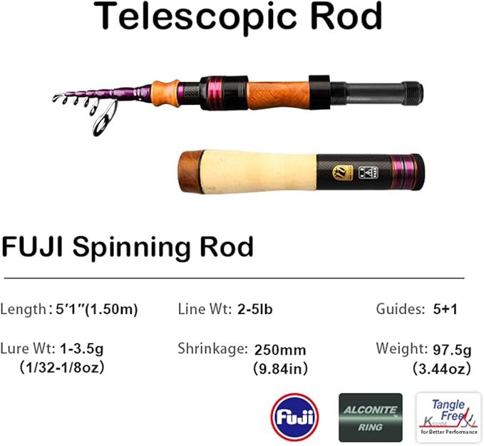 PURELURE Telescopic Fishing Rod Spinning & Casting, Fuji Alconite Ring - Image 2