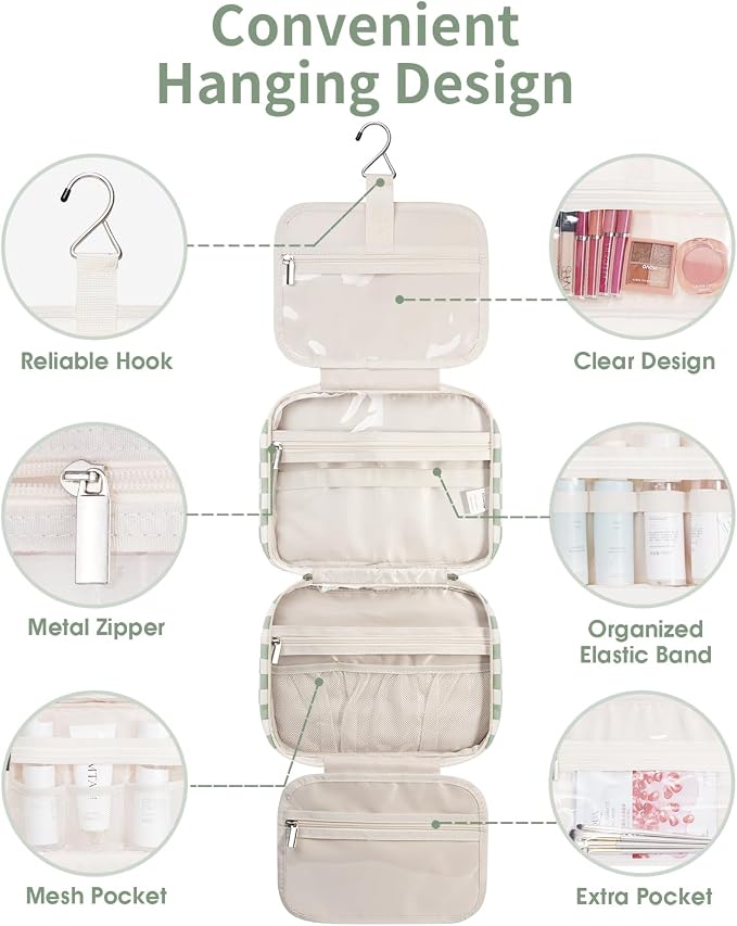Narwey Hanging Toiletry Bag for Women Travel Checkered Makeup Bag Organizer - Image 3
