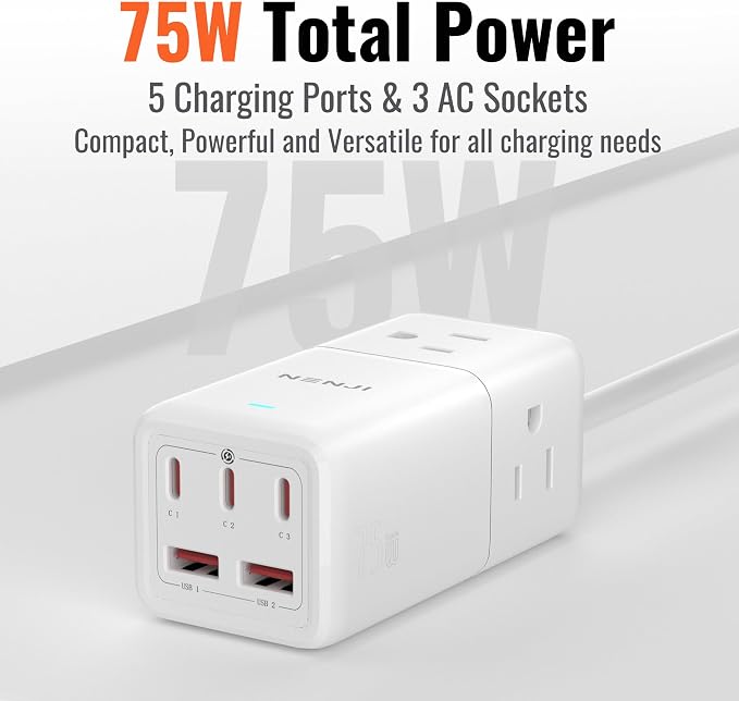 NENJI 75W GaN USB-C Super Fast Charging Station, 8-in-1 Power Strip - Image 2