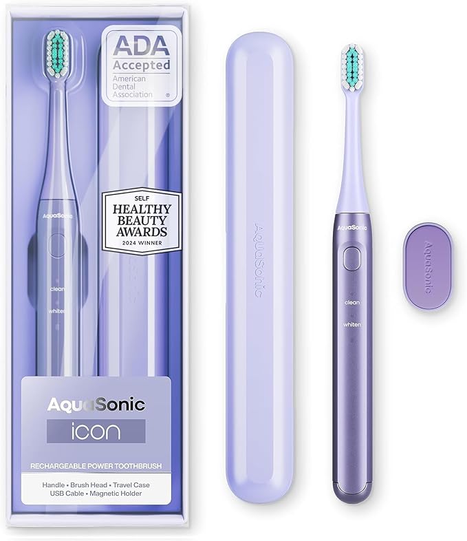 Aquasonic Icon ADA-Accepted Rechargeable Toothbrush | Magnetic Holder & Slim by AquaSonic