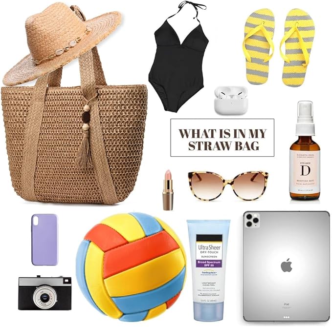 Straw Beach Bags for Women Woven Beach Tote Bag Casual Boho Large Shoulder - Image 3