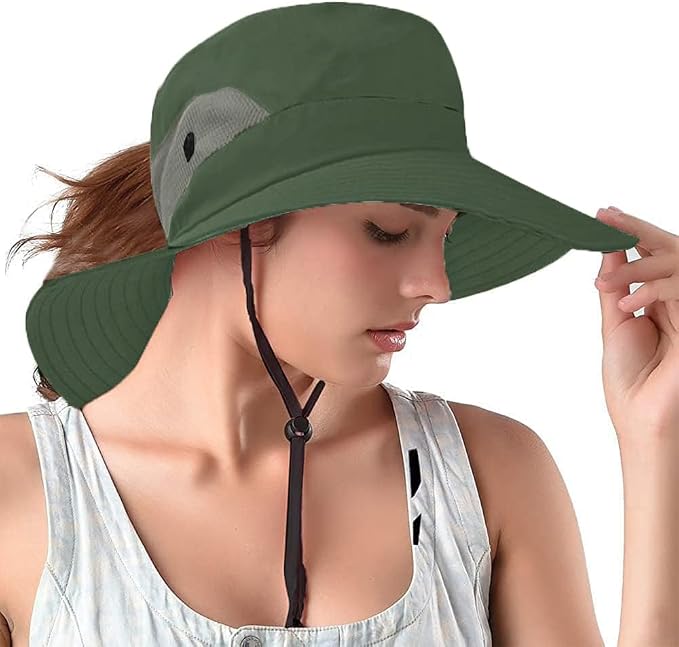Rosoz Ponytail Sun Bucket Hats for Women UV Protection Foldable Mesh Wide Brim by Rosoz