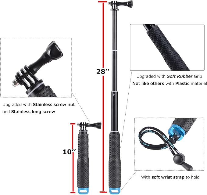 28” Extension Selfie Stick Compact Handle Grip Adjustable Pole Waterproof - Image 2