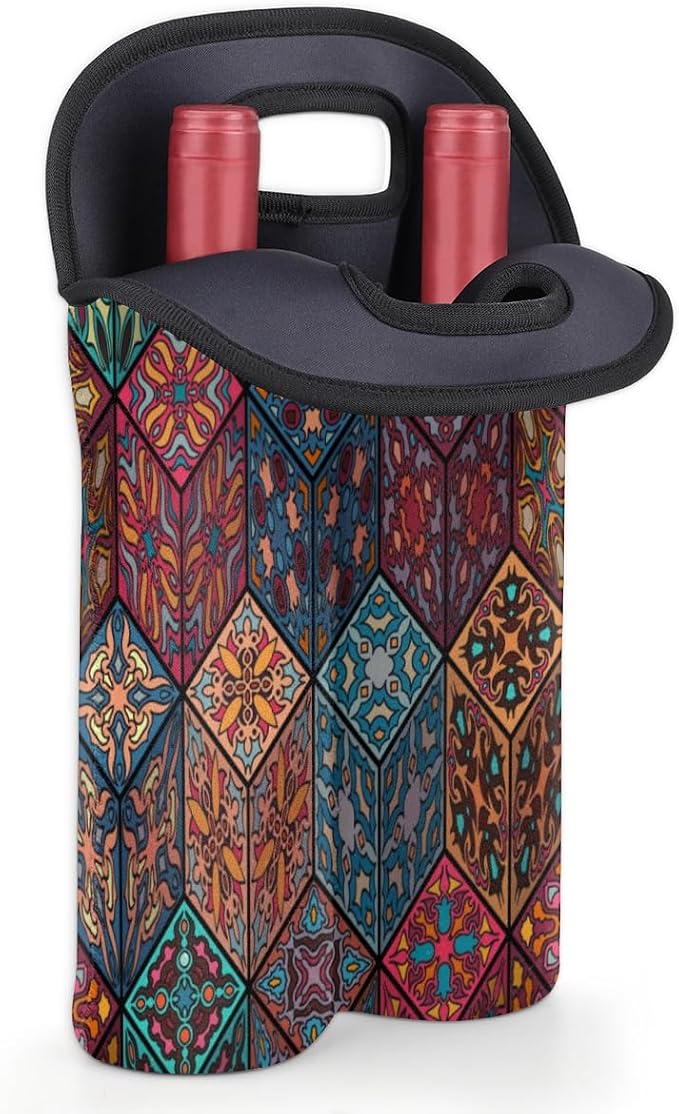 Square Mandala 2 Bottle Wine Carrier Tote Bag Insulated Wine Bottles Neoprene - Image 4
