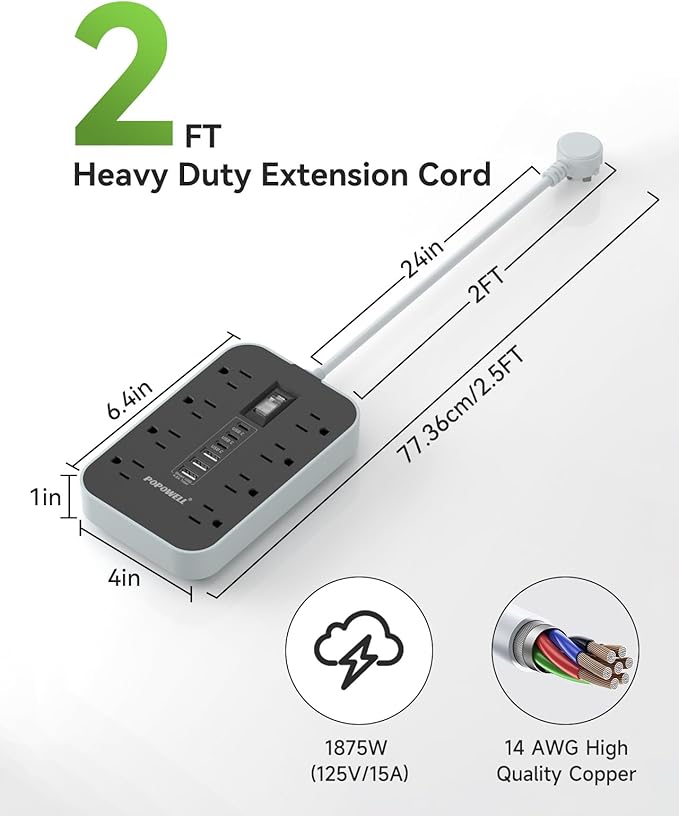 Appliance Power Strip- 14 Guage Heavy Duty Extension Cord, 8 AC Outlet& 6 USB - Image 4
