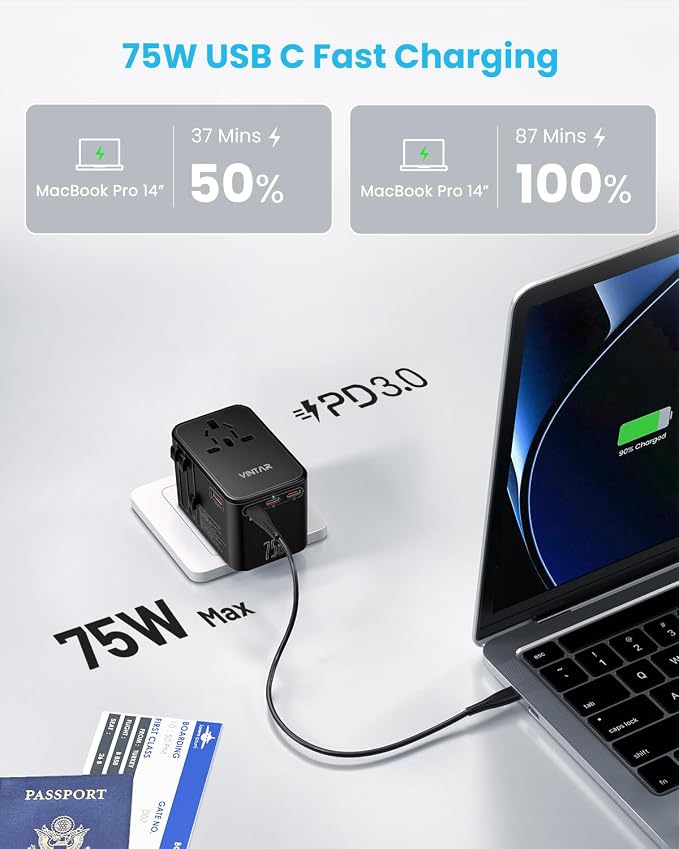 Universal Travel Adapter, VINTAR 75W GaN International Power Adapter - Image 2