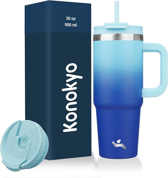 30 oz Tumbler with Handle and 2 Straws, 2 in 1 Lid Insulated Water Bottle by Konokyo