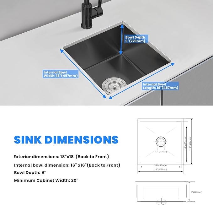 POPLFY 18 Inch Undermount Kitchen Sink, 18×18 Inch Undermount 18 Gauge - Image 7