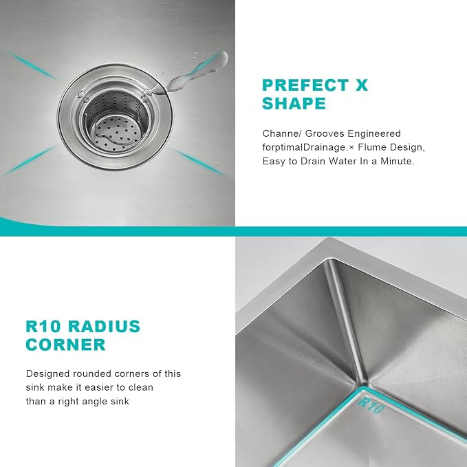 25 x 22 Inch Undermount Kitchen Sink, 18 Gauge 304 Stainless Steel Handmade - Image 6