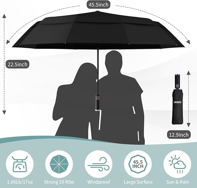 Seniny Windproof Travel Umbrella, Double Vented Canopy Large Umbrellas - Image 2