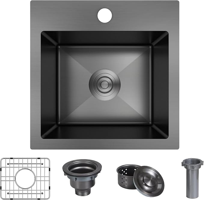 15 x 15 Inch Black Drop In Kitchen Sink by Kadorer