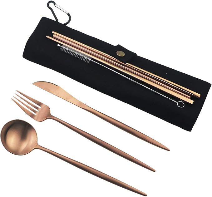 Gugrida Luxury Rose Gold Matte Portable 18/10 Stainless Steel Travel Flatware - Image 2