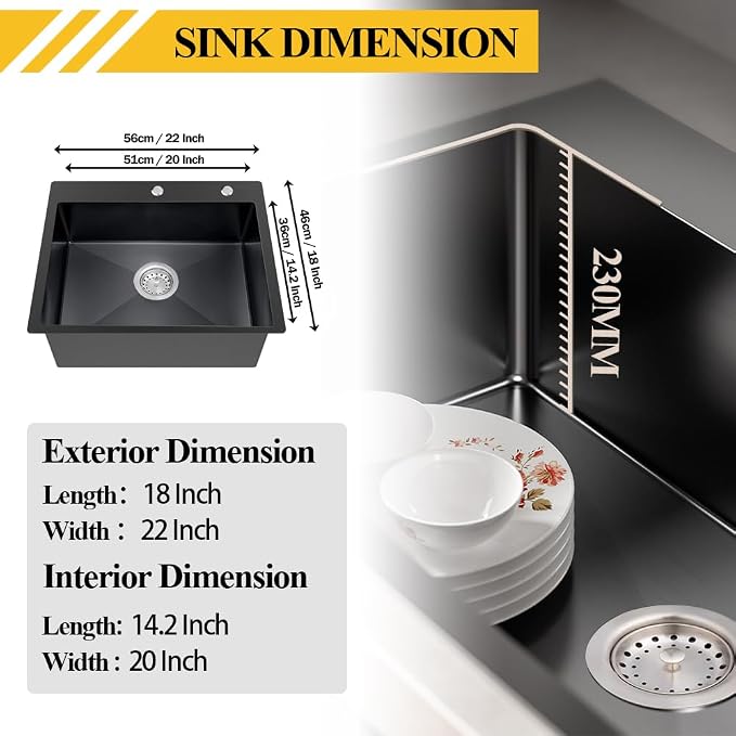 Black Kitchen Sink, Stainless Steel Topmount Bar Sink 22x18x9 Inch Single Bowl - Image 6