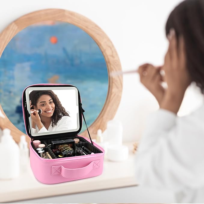 Travel Makeup Bag with LED Mirror Travel Makeup Organizer with 3 Lighted - Image 9