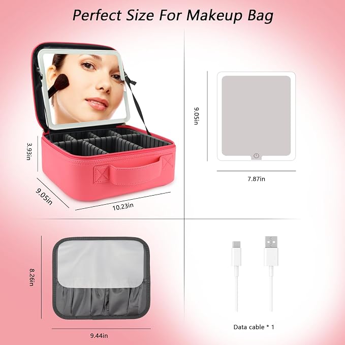 Travel Makeup Bag with LED Mirror Travel Makeup Organizer with 3 Lighted - Image 7