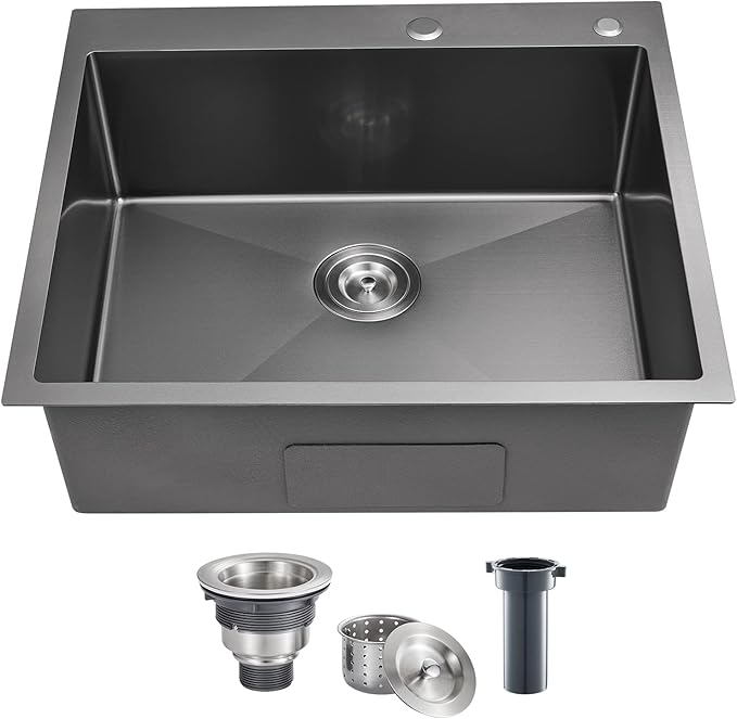 POPFLY 25 Inch Drop In Kitchen Sink, 25x18 Black Stainless Steel Top mount by POPFLY