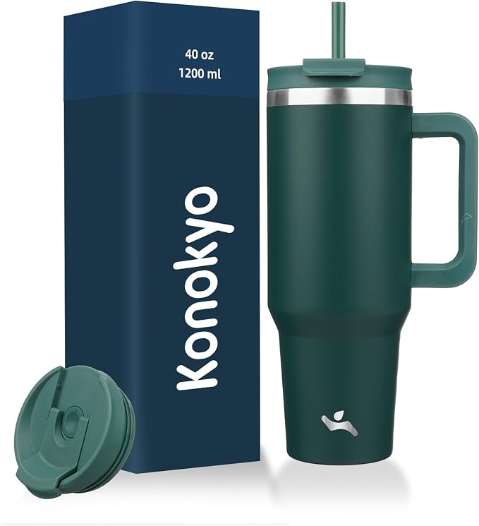 40 oz Tumbler with Handle and 2 Straws, 2 in 1 Lid Insulated Water Bottle by Konokyo