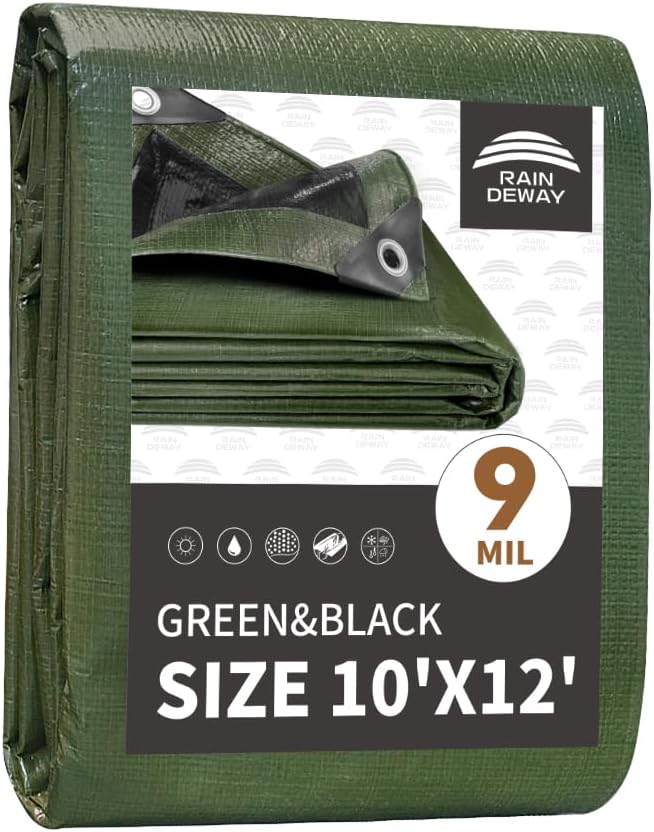 10x12 Feet Tarp Waterproof, 9Mil Thick, Finished Size Tarps, UV Resistant by RAINDEWAY