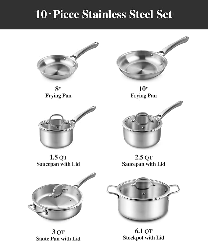 Stainless Steel Cookware Set, Tir-Ply Pots and Pans Set, PFOA Free, Frying Pans - Image 7
