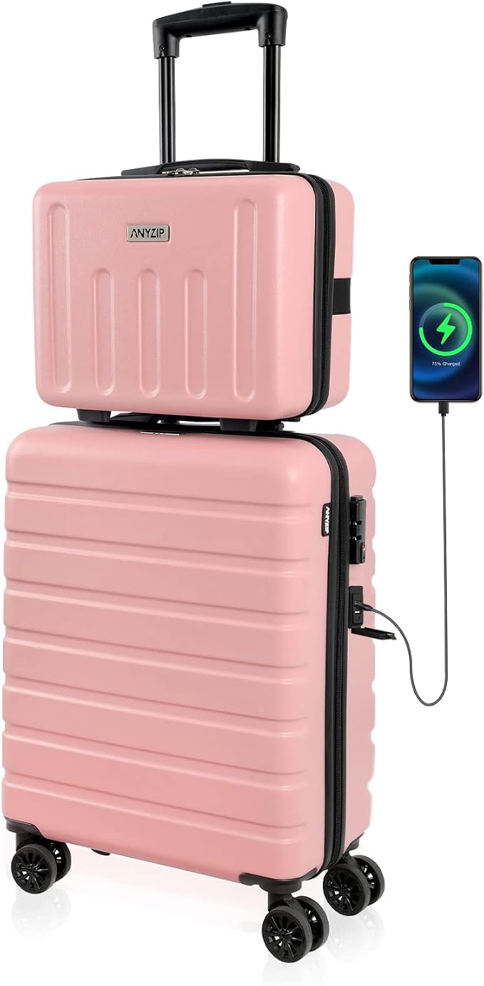 AnyZip 21" Carry On Luggage and 14" Mini Cosmetic Cases Luggage Set Hardside PC by YourBestTravelChoice
