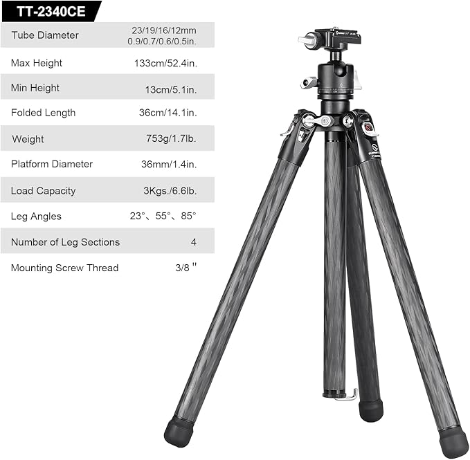 TT2340CE 4-Sections Carbon Fiber Travel Tripod - Image 9