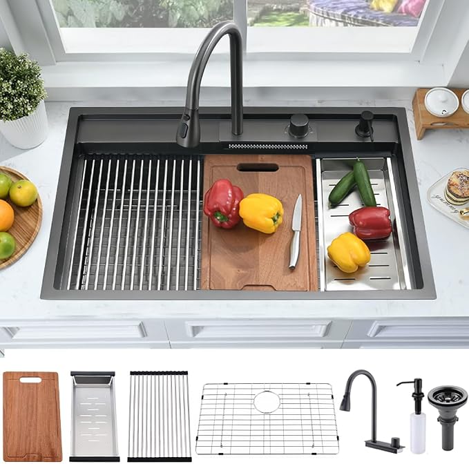 33 Inch Black Waterfall Kitchen Sink Workstation -Bokaiya 33x19 Drop In Kitchen by Bokaiya