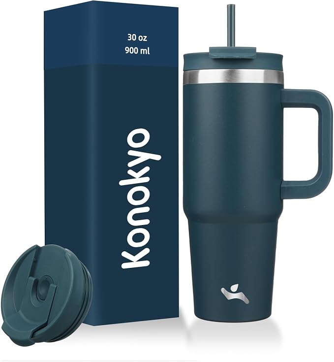 30 oz Tumbler with Handle and 2 Straws, 2 in 1 Lid Insulated Water Bottle by Konokyo