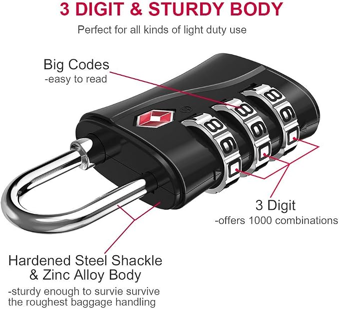 ZHEGE Luggage Locks, TSA Approved Locks, 3 Dial Zipper Lock - Image 3