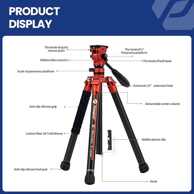 Fotopro Carbon Fiber Tripod 2.3lbs Ultralight 62 Inch Portable Travel Video - Image 7