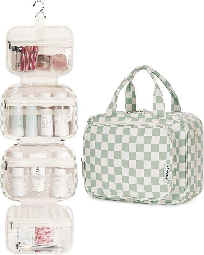 Narwey Hanging Toiletry Bag for Women Travel Checkered Makeup Bag Organizer - Image 2