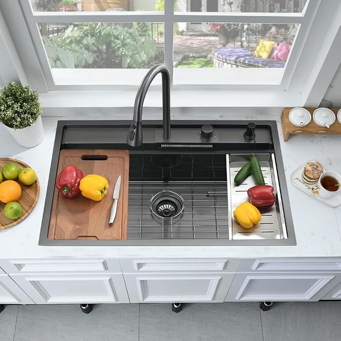 33 Inch Black Waterfall Kitchen Sink Workstation -Bokaiya 33x19 Drop In Kitchen - Image 4