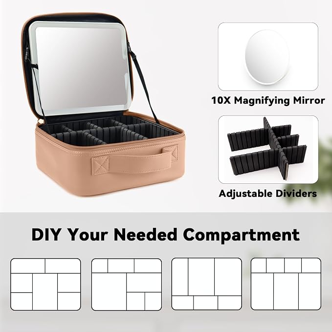 Travel Makeup Bag with LED Mirror and 10x magnifying glass with 3 Lighted - Image 4
