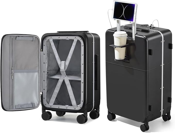 Hanke 24 Inch Luggage with Cup Holder and Charge, Top Opening Hard Shell by Hanke