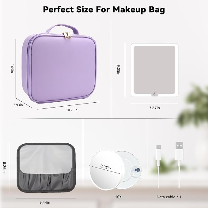 Travel Makeup Bag with LED Mirror and 10x magnifying glass with 3 Lighted - Image 8