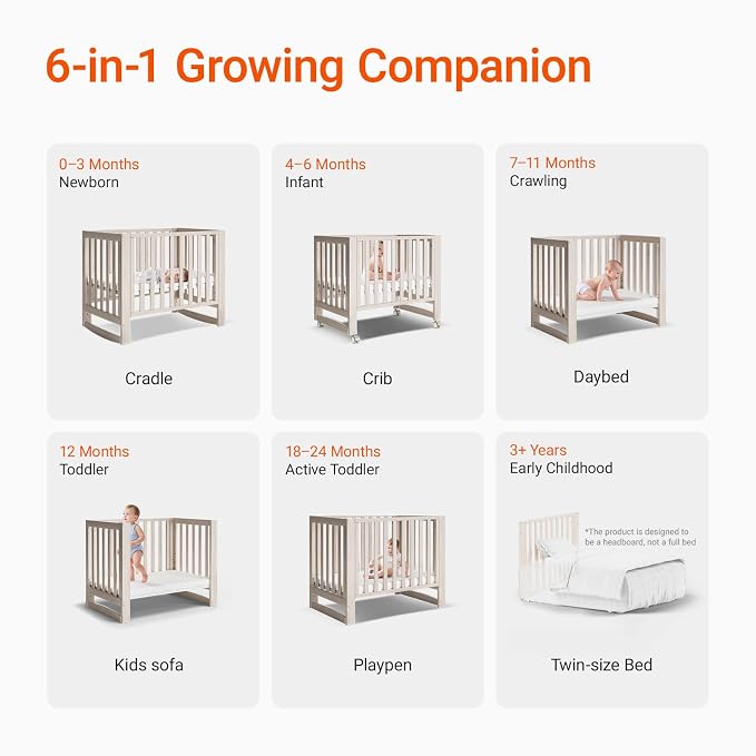 EvoNest Baby Crib, 6 in 1 Convertible Mini Crib - Image 5