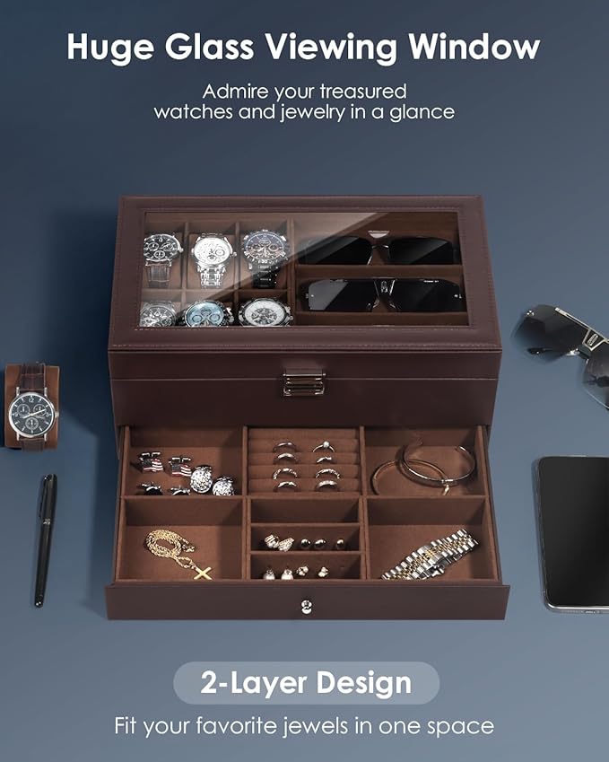 Watch Jewelry Box Organizer, 6-Slot 2-Layer Watch Case and Sunglasses Storage - Image 3