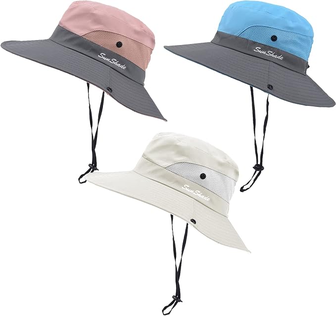Rosoz Ponytail Sun Bucket Hats for Women UV Protection Foldable Mesh Wide Brim by Rosoz