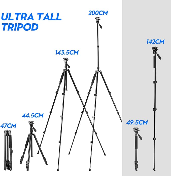 Fotopro 78" Camera Tripod, Aluminum Compact Travel Tripod and Monopod - Image 2