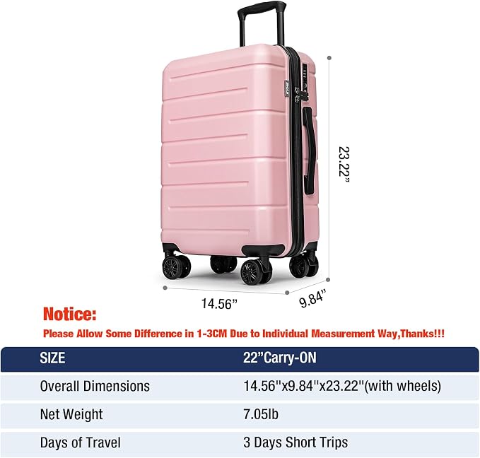 KYME Pink Hardside Carry On Luggage 22x14x9 Airline Approved - Image 7